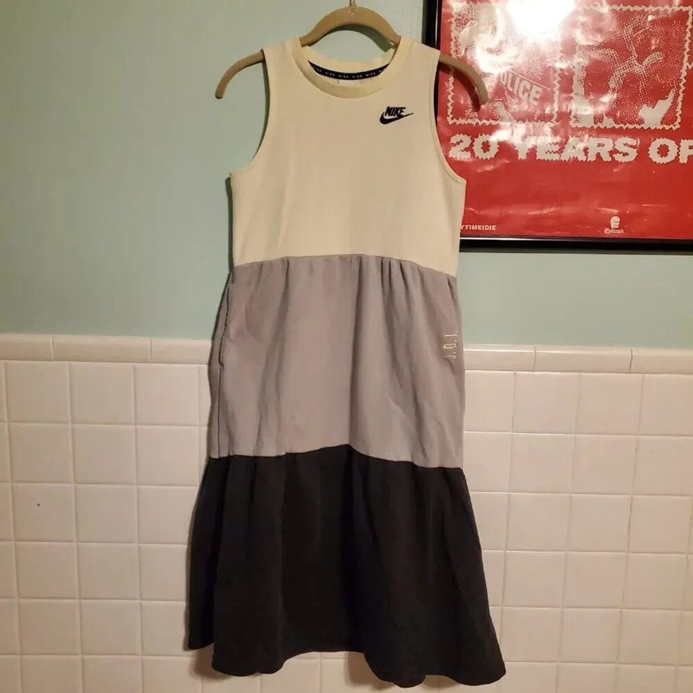 Nike Size Large French Terry Dress Gray White Tiered Colorblock Sleeveless